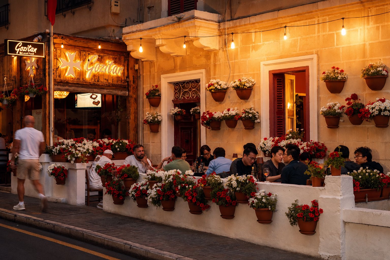 Gozitan Restaurant terrace in St Julian's at dusk