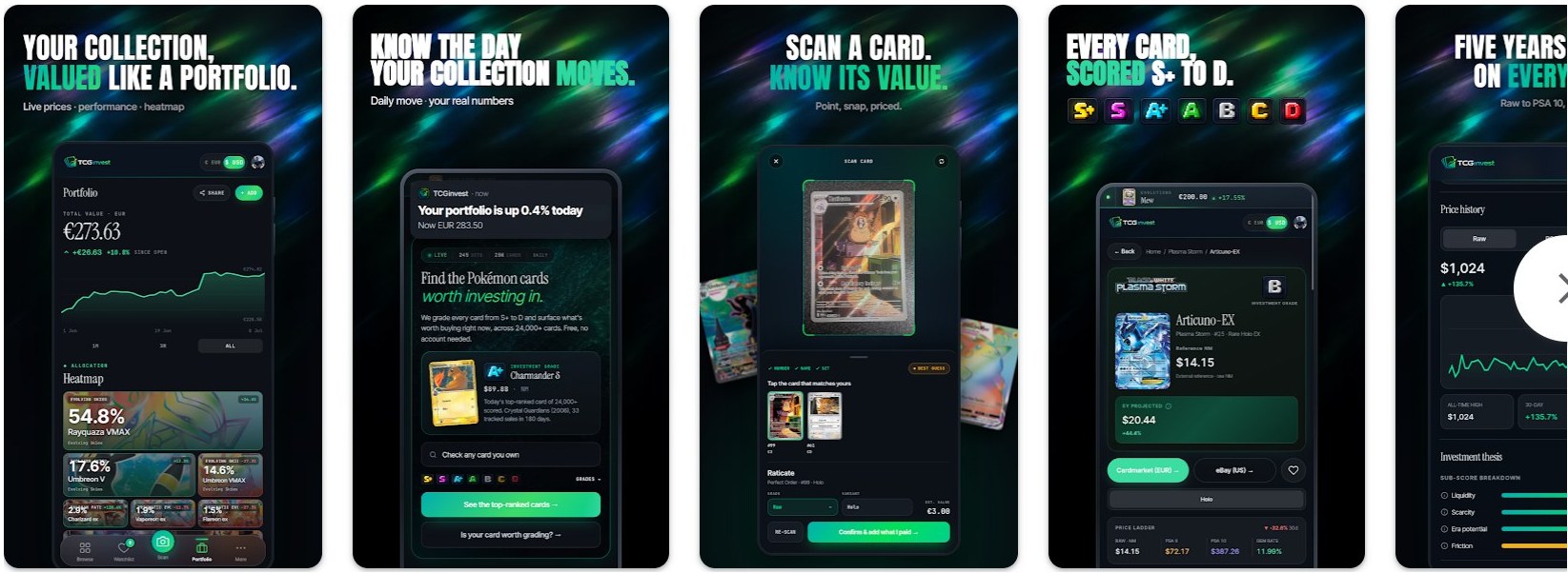 TCGinvest app screens on Google Play